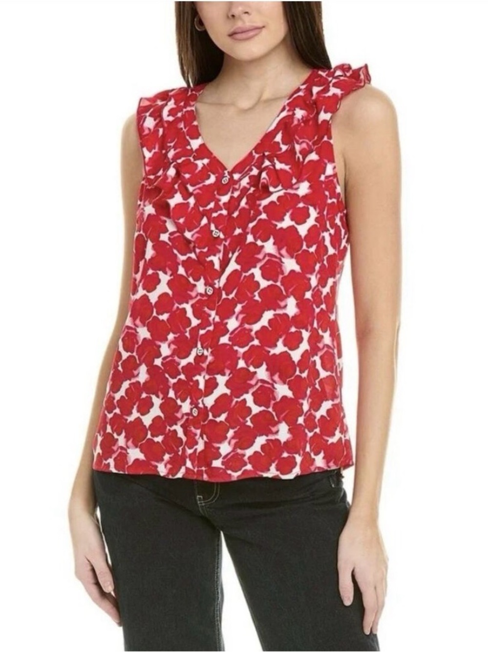 Cabi Rosy Floral Ruffle Sleeveless Top - Berry Red Sz S Poly Chiffon Romantic